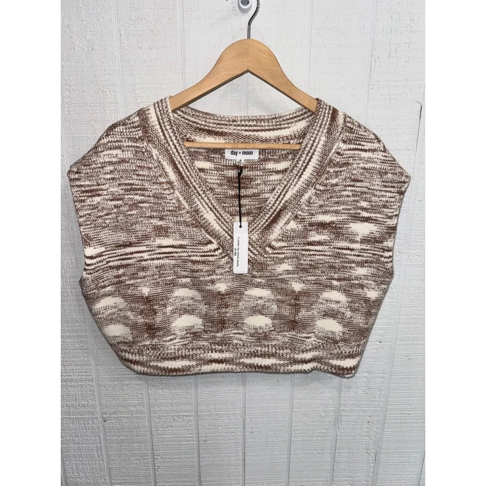 Day + Moon Trail Mix Sweater Vest Women Brown Space Dye Knit V-Neck Cropped S